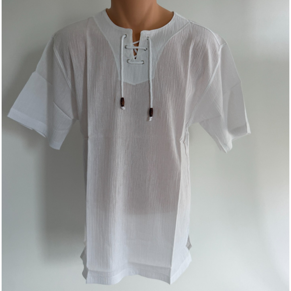 White by Nature Men 100% Cotton Lace Up Short Sleeve Beach T-Shirt White M NWT